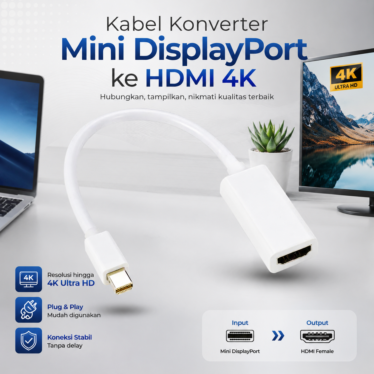 Kabel Konverter Mini Display Port ke HDMI Female Adaptor Gambar produk Kabel Konverter Mini Display Port ke HDMI Female Adaptor - Utama