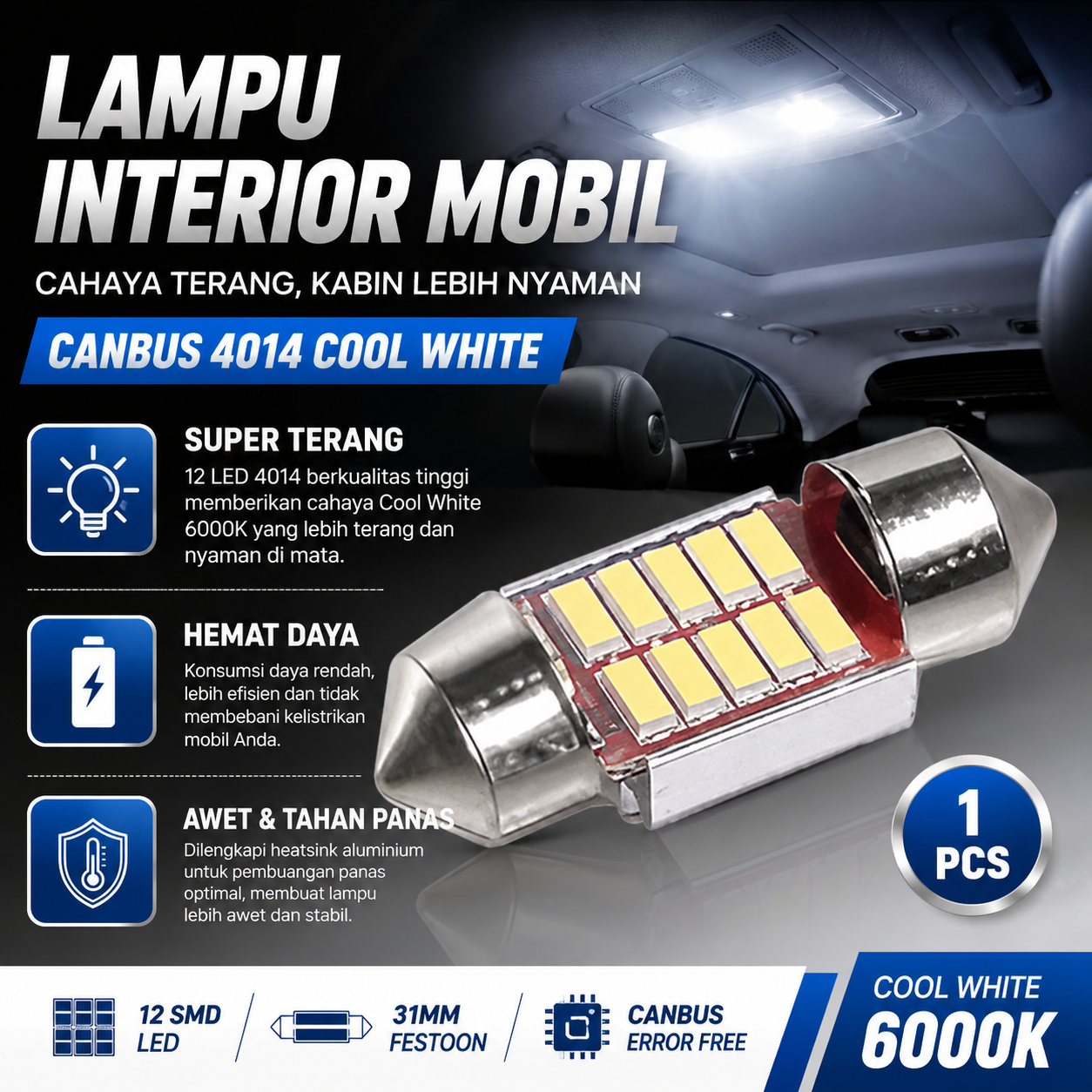 Lampu Interior Mobil Kabin Canbus 4014 Cool White 31mm 12SMD LED Gambar produk Lampu Interior Mobil Kabin Canbus 4014 Cool White 31mm 12SMD LED - Utama