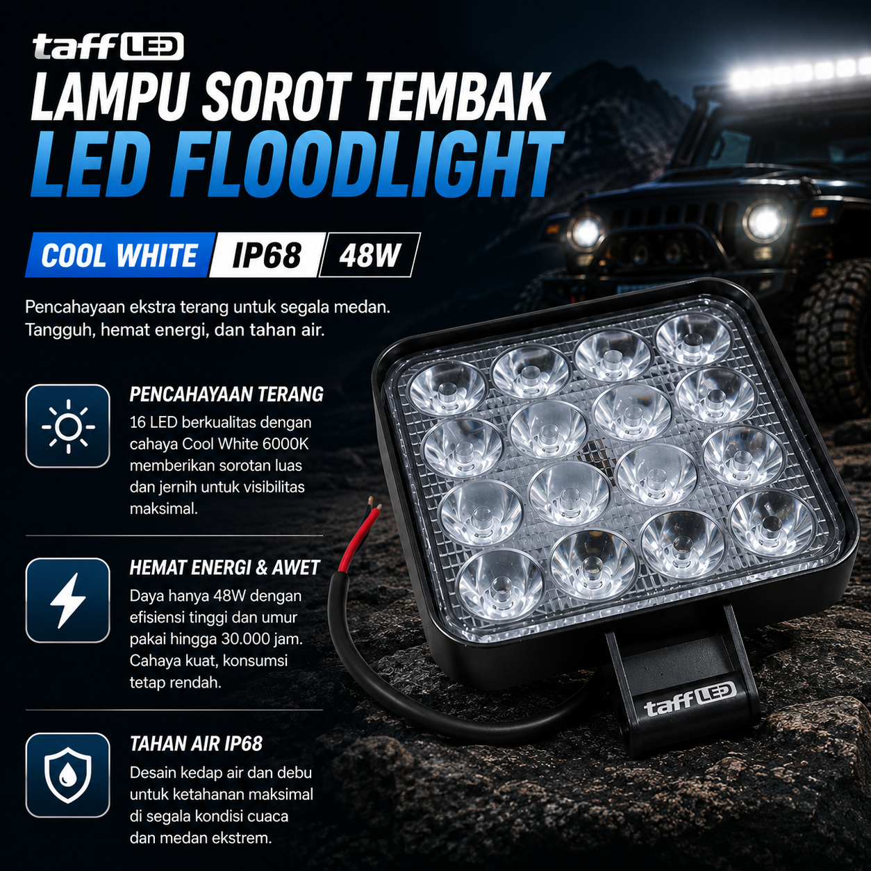 Gambar produk TaffLED Lampu Sorot Tembak Mobil LED Floodlight Cool White IP68 48W - D841 - Utama