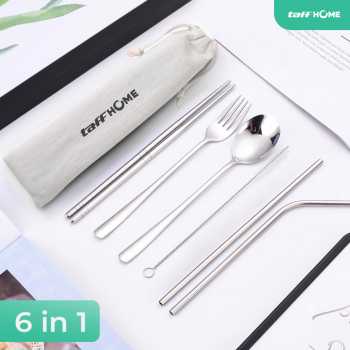 TaffHOME Set Perlengkapan Makan Sendok Garpu Sumpit Sedotan with Pouch - T10