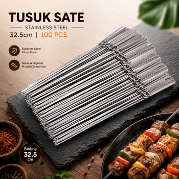 TaffHOME Tusuk Sate Stainless Steel BBQ Skewers Reusable 32.5cm 100PCS - LN8