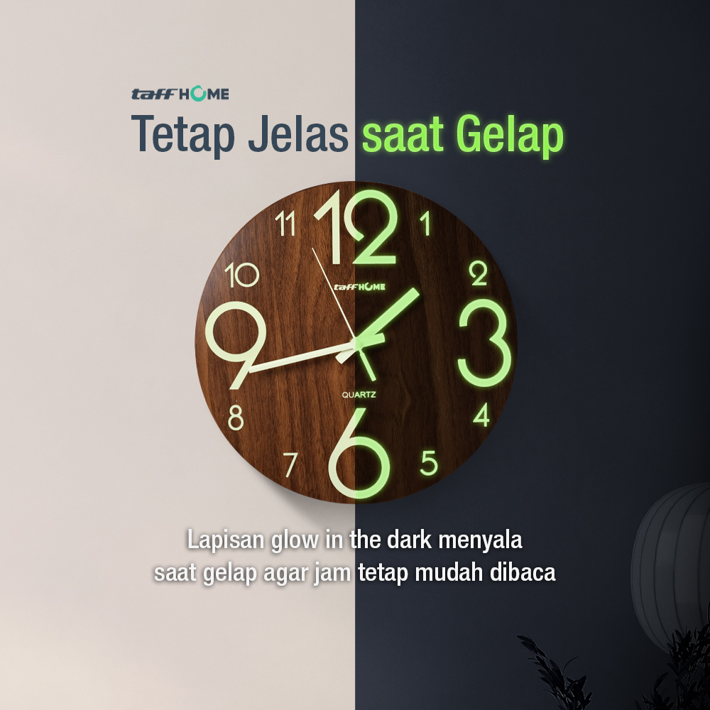Gambar produk TaffHOME Jam Dinding Bulat Quartz Luminous Glow in The Dark 30cm MDB3 - 1