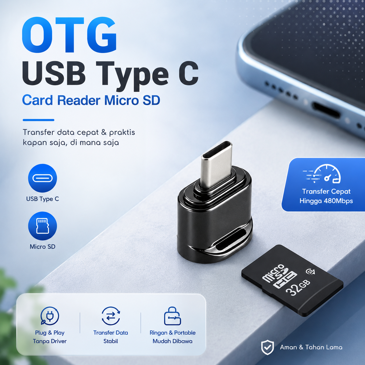 Gambar produk Kinganda OTG USB Type C Card Reader Micro SD SDHC SDXC Adaptor - P30 - Utama