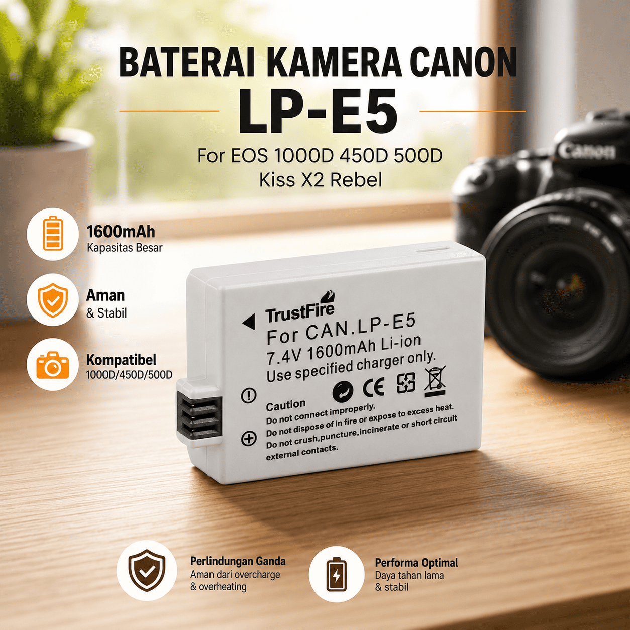 Gambar produk TrustFire Baterai Kamera Canon EOS 1000D/450D/500D/Kiss/Rebel 1600mAh - LP-E5 - Utama
