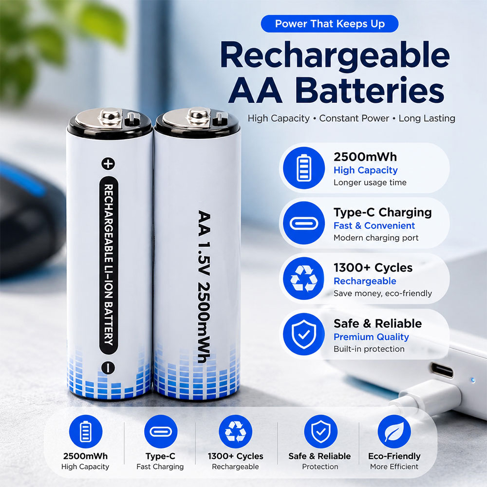 Noya Baterai Isi Ulang AA Rechargeable Type C 2500MwH 1.5V 2 PCS - MB235 Gambar produk Noya Baterai Isi Ulang AA Rechargeable Type C 2500MwH 1.5V 2 PCS - MB235 - Utama