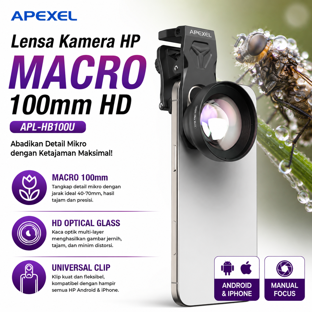 APEXEL Lensa Kamera HP Macro Lens 100mm Universal HD with Clip - APL-HB100U Gambar produk APEXEL Lensa Kamera HP Macro Lens 100mm Universal HD with Clip - APL-HB100U - Utama
