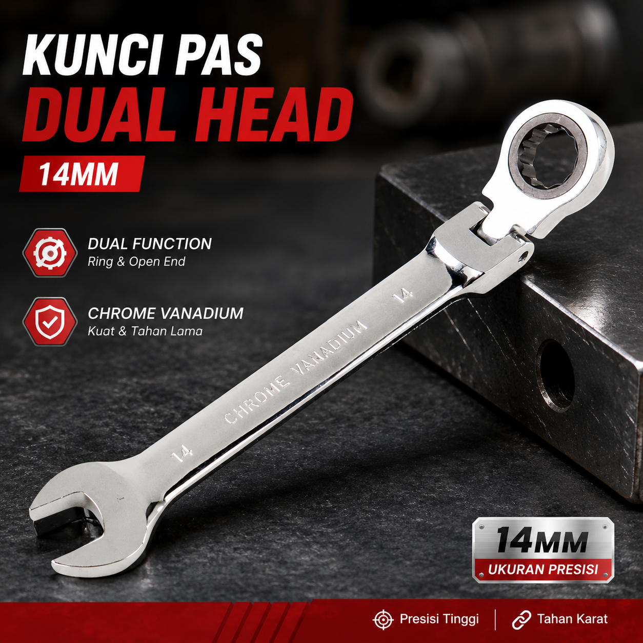 Gambar produk OLOEY Kunci Pas Dual Head Combination Ratchet Wrench Flexible Head 14mm - CL6-24 - Utama
