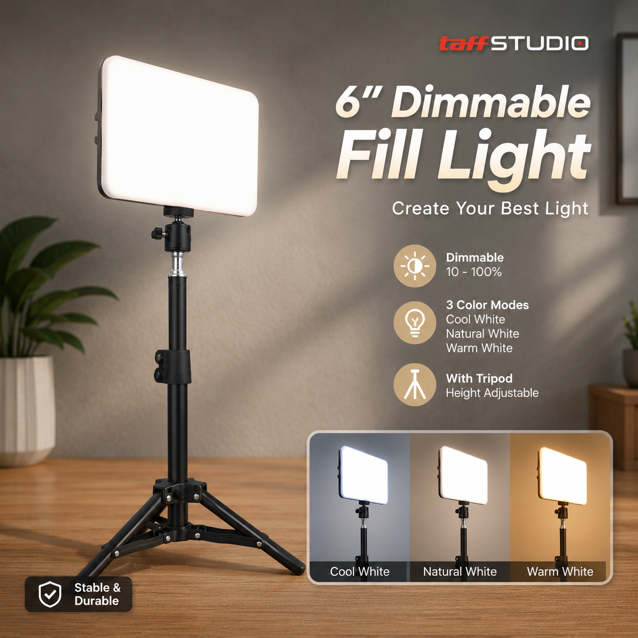 Gambar produk TaffSTUDIO Lampu Studio Fill Light Dimmable 3in1 Color with Tripod 50cm 6 Inch - ZD610 - Utama