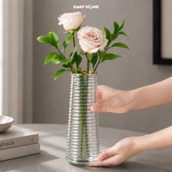 Gambar produk TaffHOME Vas Bunga Kaca Silinder Corrugated Nordic Simple Glass Vase - QT072