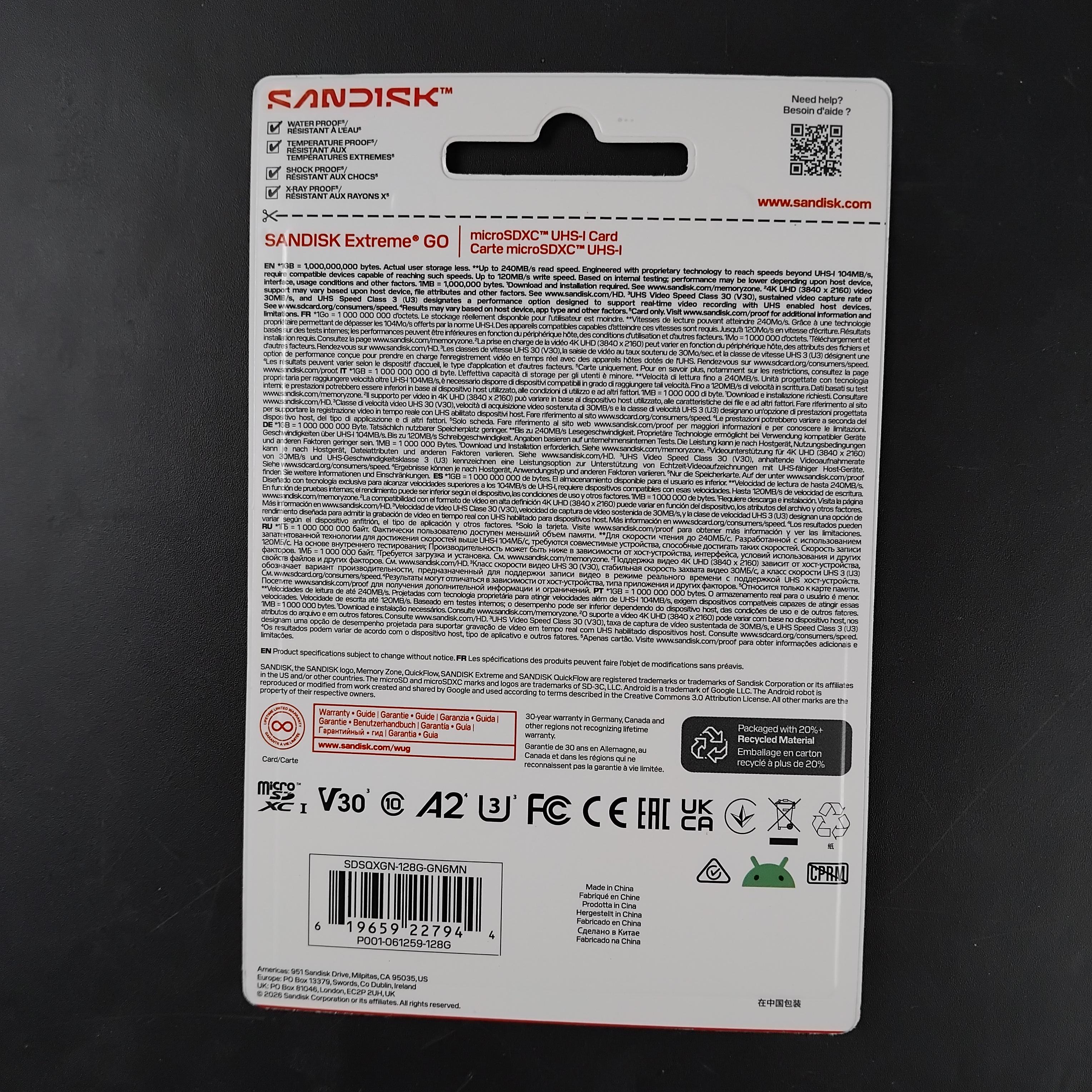 SanDisk Extreme GO microSDXC UHS-I A2 U3 V30 128GB - SDSQXGN Gambar produk SanDisk Extreme GO microSDXC UHS-I A2 U3 V30 128GB - SDSQXGN - Kemasan