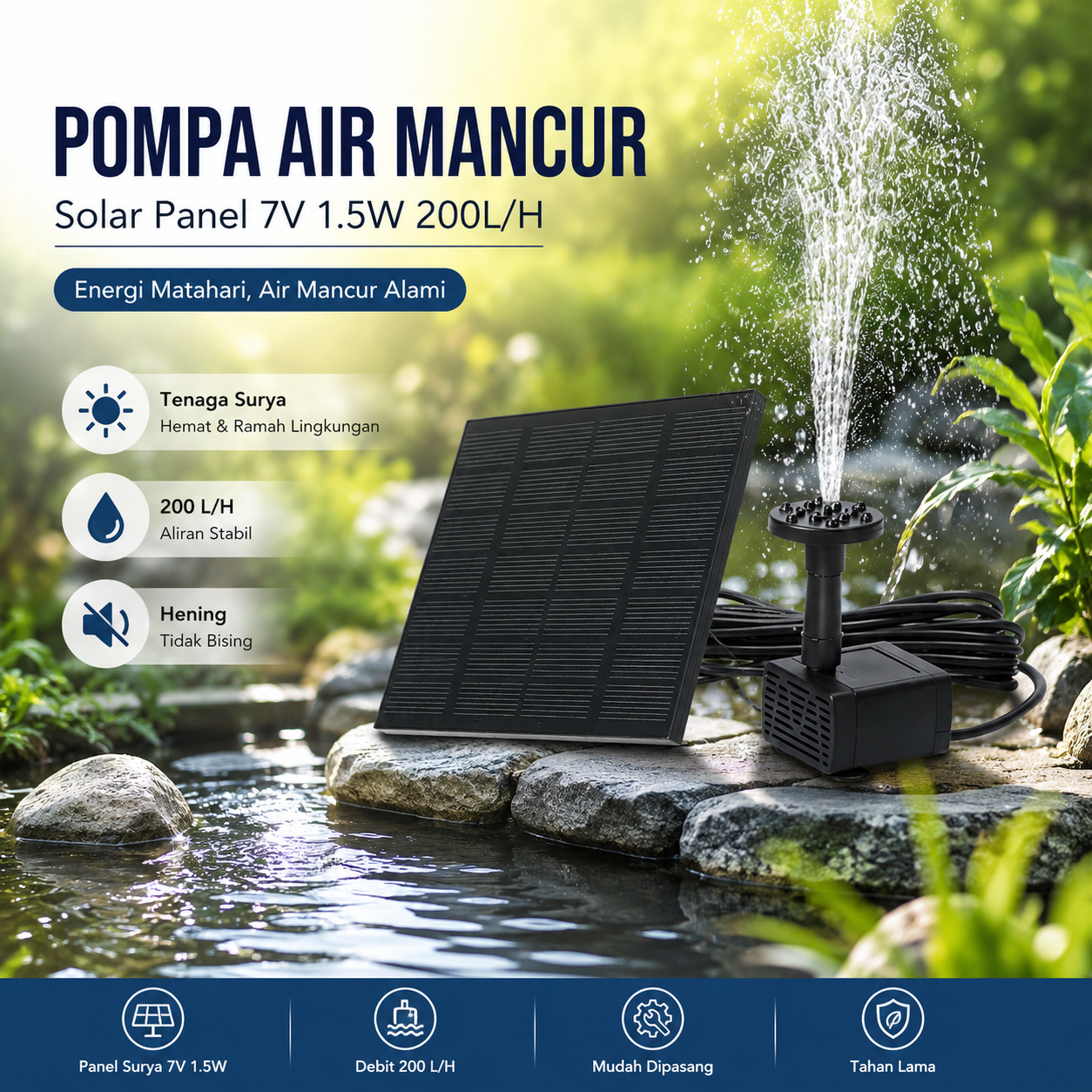 Pompa Air Mancur Kolam Tenaga Surya Solar Fountain 7V 1.5W 200L/H - GY-D-001 Gambar produk Pompa Air Mancur Kolam Tenaga Surya Solar Fountain 7V 1.5W 200L/H - GY-D-001 - Utama