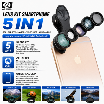 Gambar produk APEXEL Lensa Kamera HP 5in1 CPL Fisheye Macro Telephoto Wide Angle - APL-DG5H
