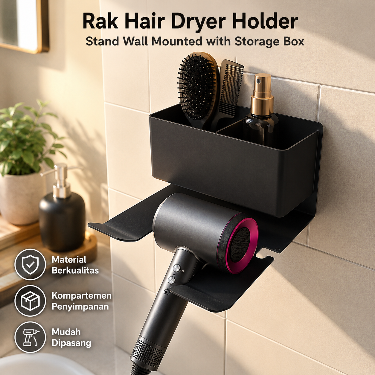 Gambar produk ChaoWal Rak Hair Dryer Holder Stand Wall Mounted with Storage Box - CH-14 - Utama