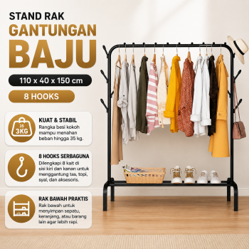BKZ Stand Rak Gantungan Baju 110 x 40 x 150 cm with 8 Hooks - E017