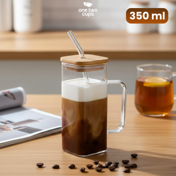 One Two Cups Cangkir Kopi Kaca Tahan Panas Sedotan Aesthetic Mug 350ml - UK3
