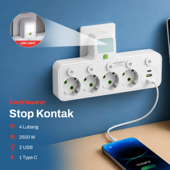 Taffware Stop Kontak Elektrik 2 USB A USB C EU Plug LED 10A 250V 2500W - EU-8624UL / EU-8625UL