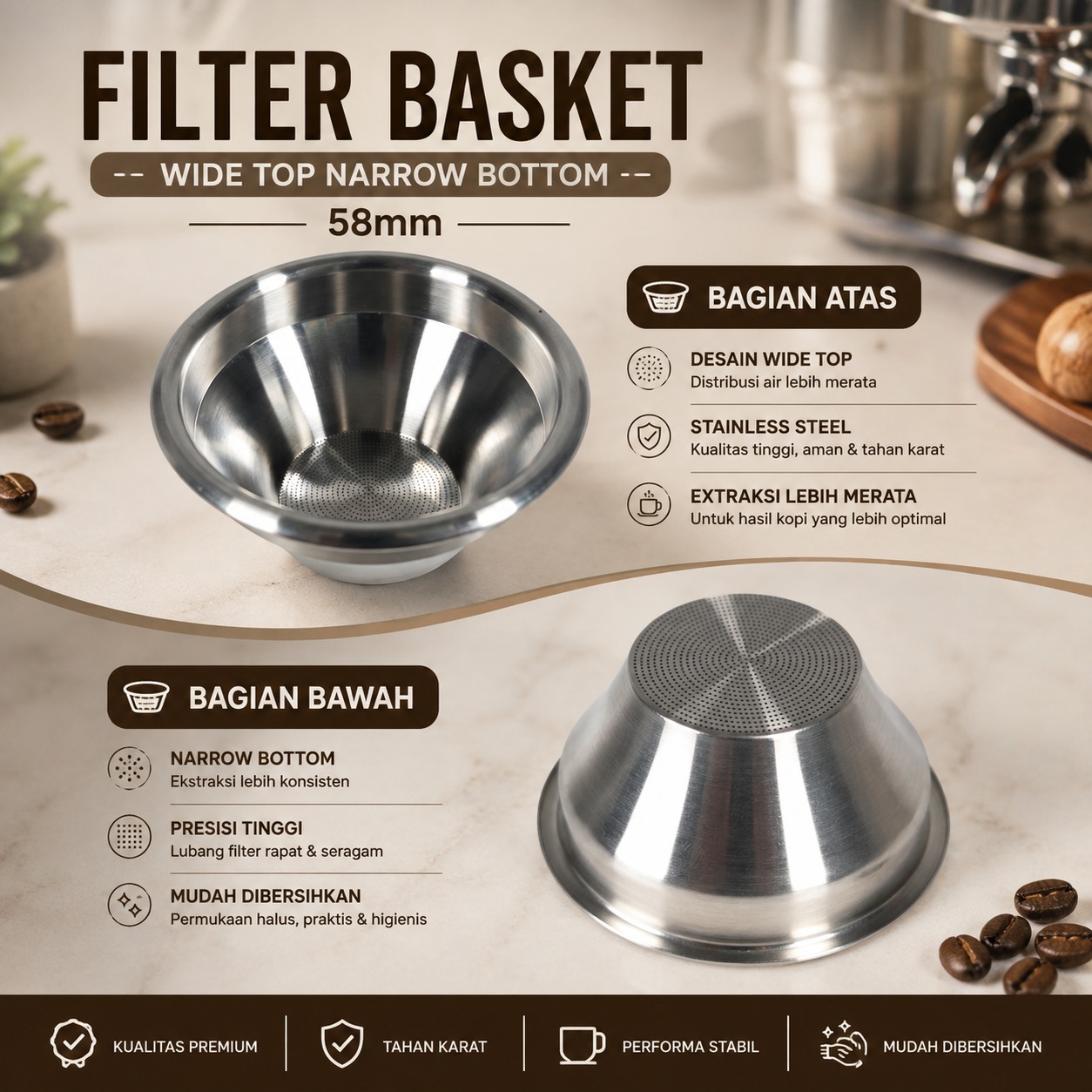 Gambar produk ZIKRUS Filter Basket Portafilter Wide Top Narrow Bottom 58mm - DWL-100 - 1