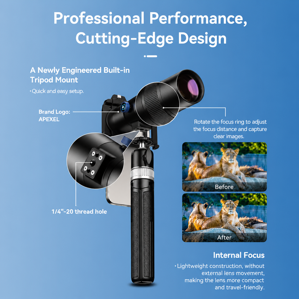 Gambar produk APEXEL Lensa Tele Smartphone Monocular Telephoto 30X with Tripod - APL-T30XJJ028 - 1