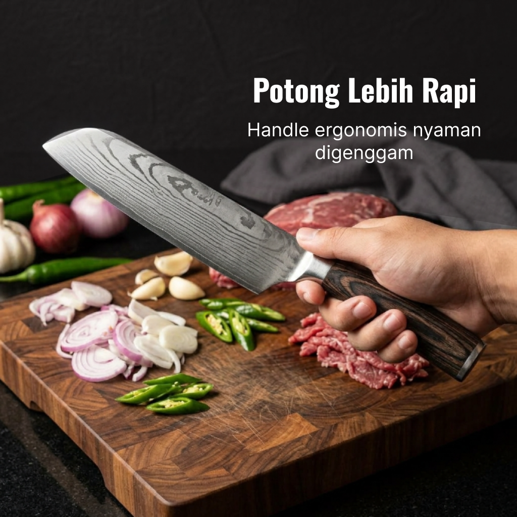 Gambar produk KNIFEZER Pisau Dapur Daging Sayur Roti Damascus Pattern Stainless 7 Inch Santoku Knife - 3