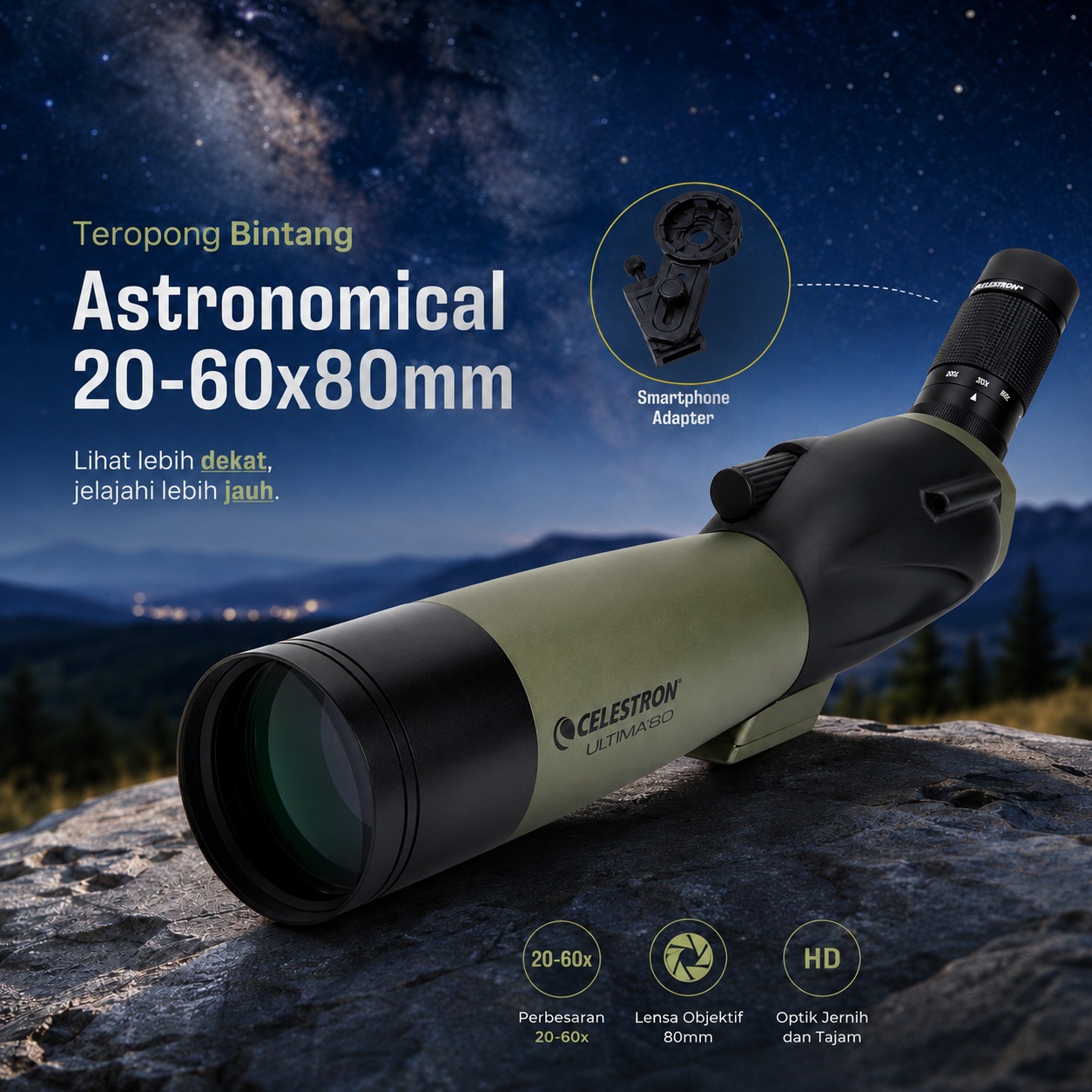 Gambar produk CELESTRON Ultima Teropong Bintang Astronomical Telescope 20-60x80mm - 52250 - Utama