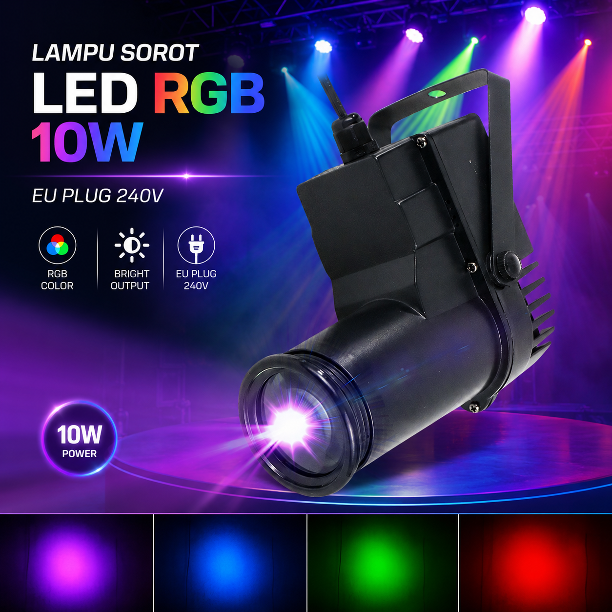 Gambar produk PINSPOT Lampu Sorot LED Spotlight Stage Party RGB EU Plug 240V 10W - WRGB - Utama