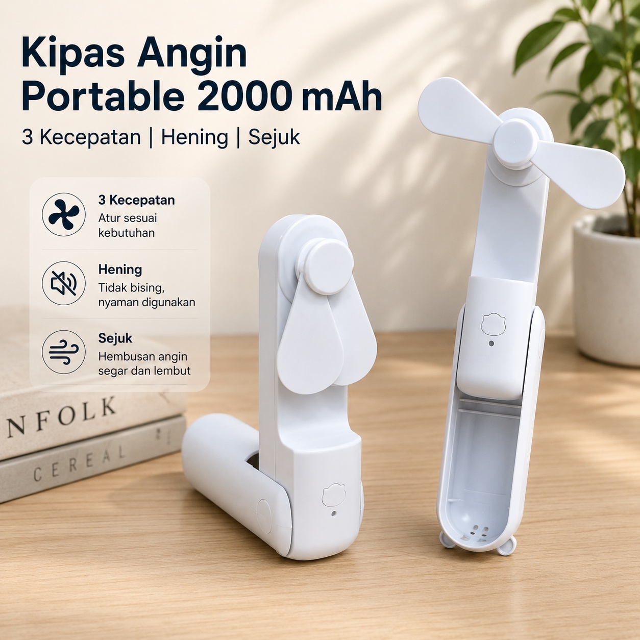 Gambar produk ZUZUO Kipas Angin Portable Genggam 3 Speed Mini Fan Folding 2000mAh - RY-2023 - Utama