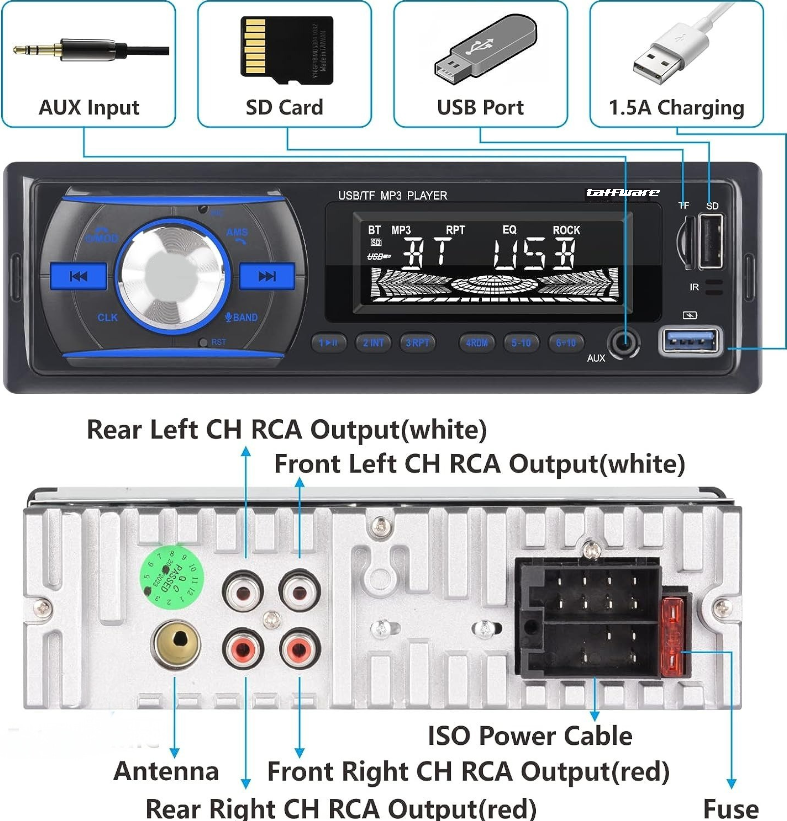Gambar produk Taffware Tape Mobil Audio Bluetooth MP3 FM USB TF AUX 60W - 2219 - 5