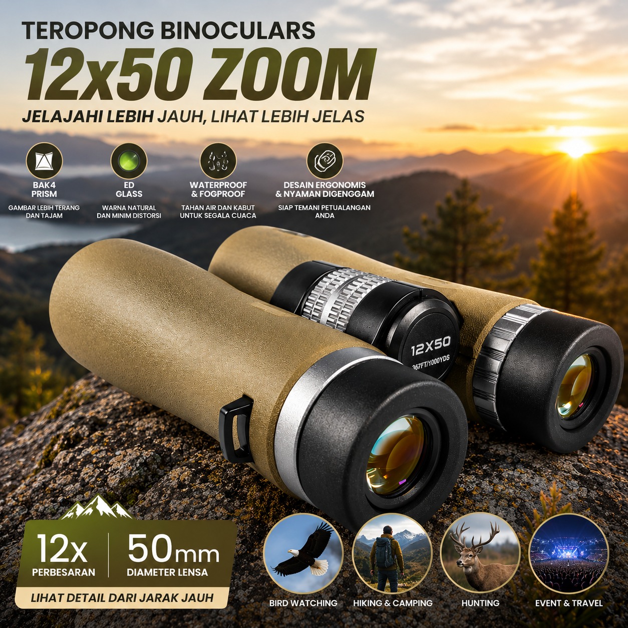 Gambar produk Eyebre Teropong Binokular Telescope Outdoor Roof Prism 12x50 - R1250-T23 - Utama