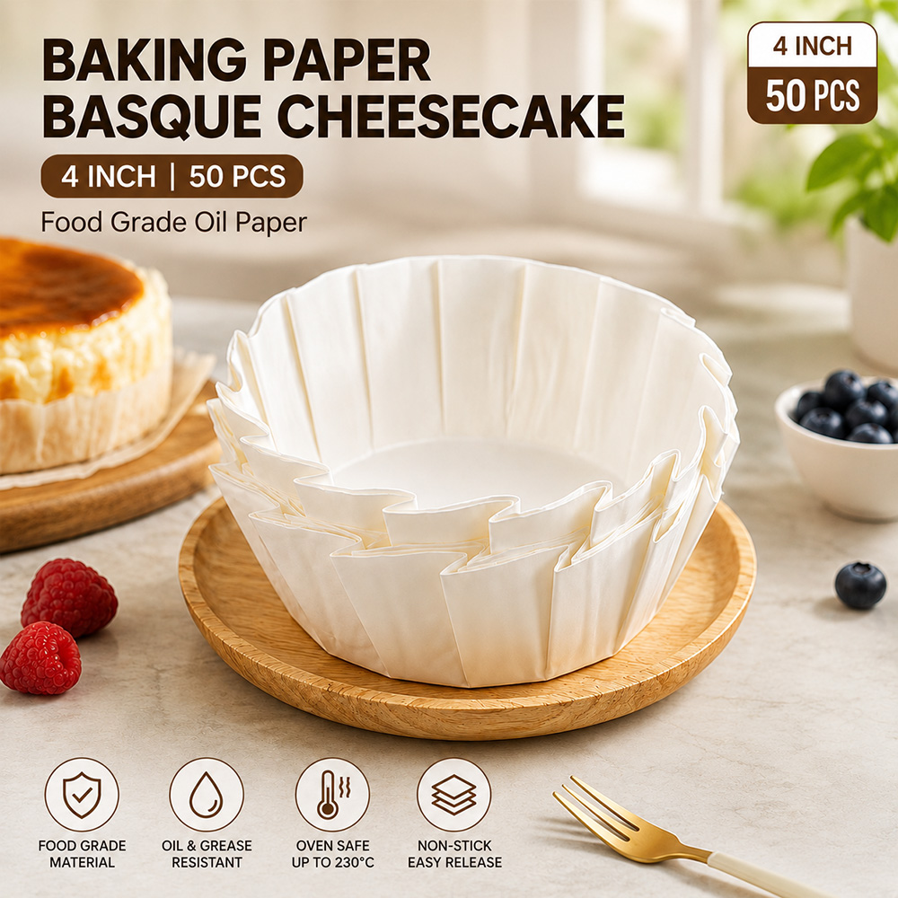 Gambar produk AIMAL Kertas Kue Paper Basque Cheese Cake Baking Food Grade 50 PCS 4 Inch - OXT-60 - Utama