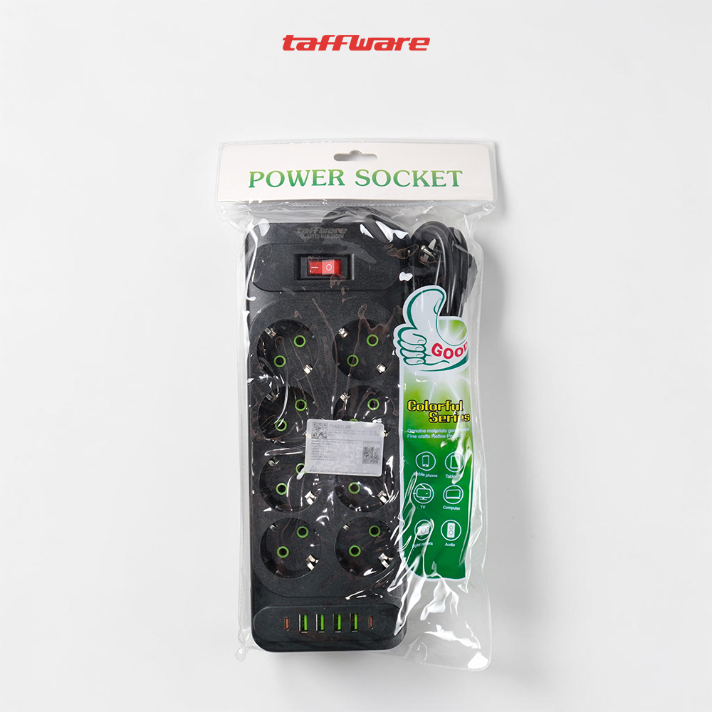 Gambar produk Taffware Stop Kontak Kabel 4 USB A 2 USB Type C 1.8M 10A 250V 2500W 8 Lubang - QL-1077U / QL-1078U - Kemasan