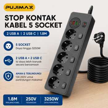 PUJIMAX Stop Kontak Kabel 5 Socket 2 USB A 2 USB C 1.8M 13A 250V 3250W - BKL-505EU