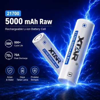 XTAR Baterai Rechargable 21700 Flat Top RAW 5000mAh 3.6V 15A 1 PCS
