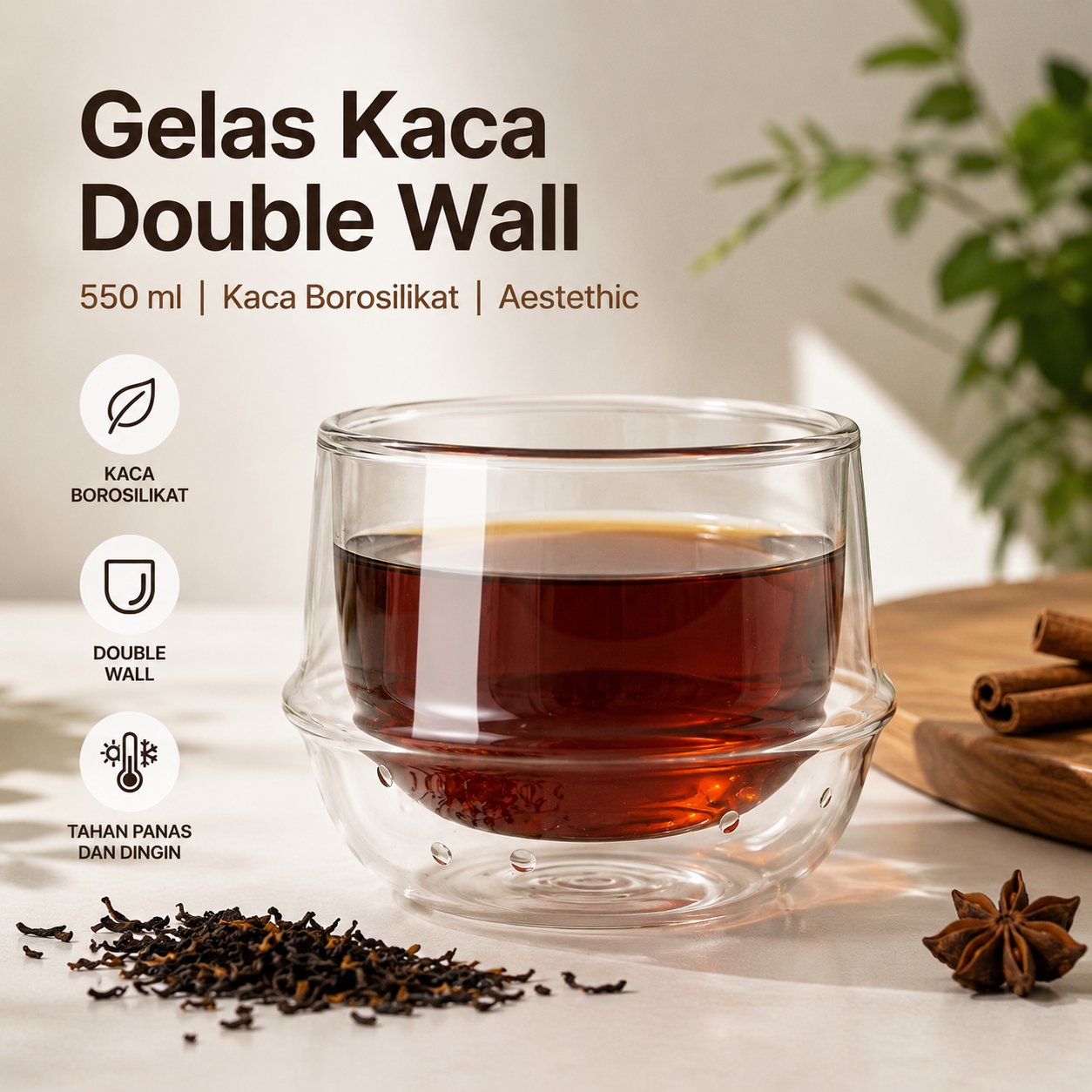 Gambar produk One Two Cups Gelas Kaca Aesthetic Kopi Teh Double Wall Glass 550ml - PLY1710 - Utama