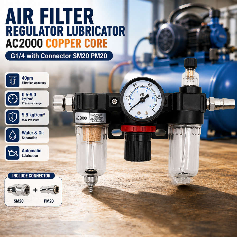 Gambar produk Gene Air Filter Regulator Lubricator Kompresor G1/4 with Konektor Copper Coper - AC2000 - Utama