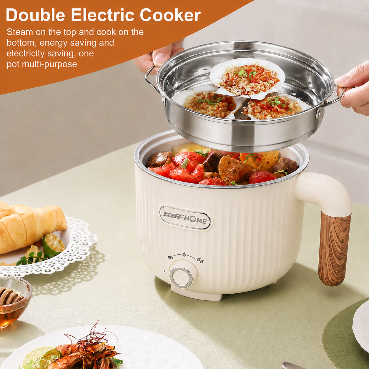 Gambar produk TaffHOME Panci Listrik Multifungsi Electric Pan NonStick 2L 600W - JKS20 - 1
