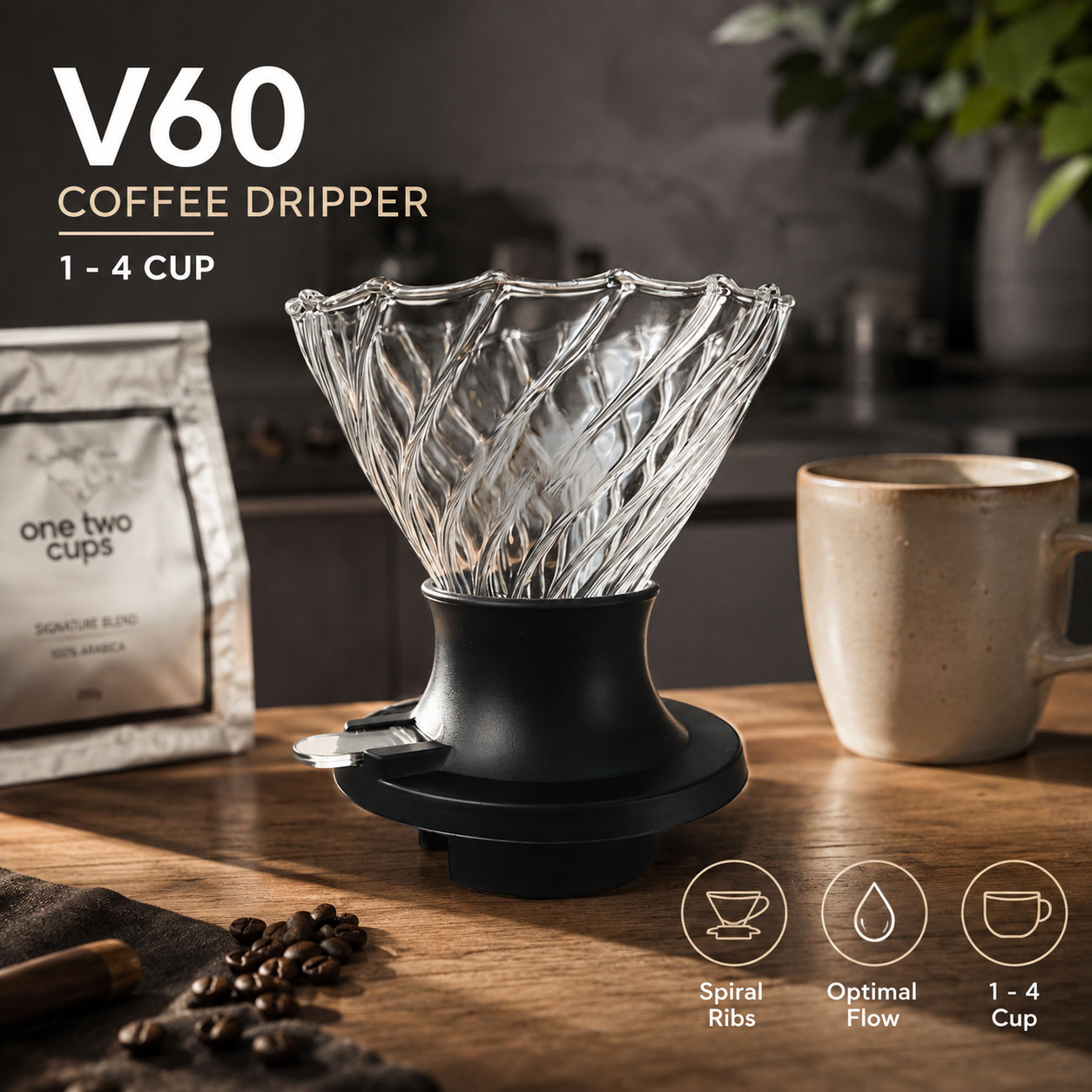 Gambar produk One Two Cups V60 Coffee Dripper Alat Seduh Kopi Manual Kaca 1-4 Cup Twirl - VD-40R - Utama