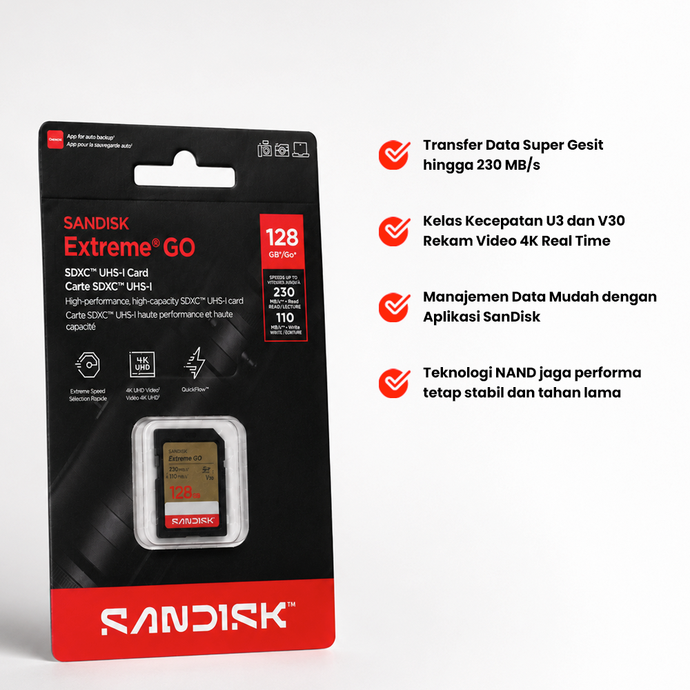 Gambar produk SanDisk Extreme GO SDXC/HC UHS-I Card U3 V30 4K UHD 230MB/s 128GB - SDSDXGN - 2