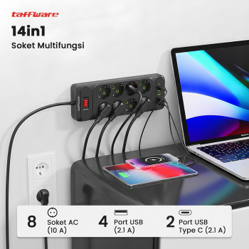 Gambar produk Taffware Stop Kontak Kabel 4 USB A 2 USB Type C 1.8M 10A 250V 2500W 8 Lubang - QL-1077U / QL-1078U - 2