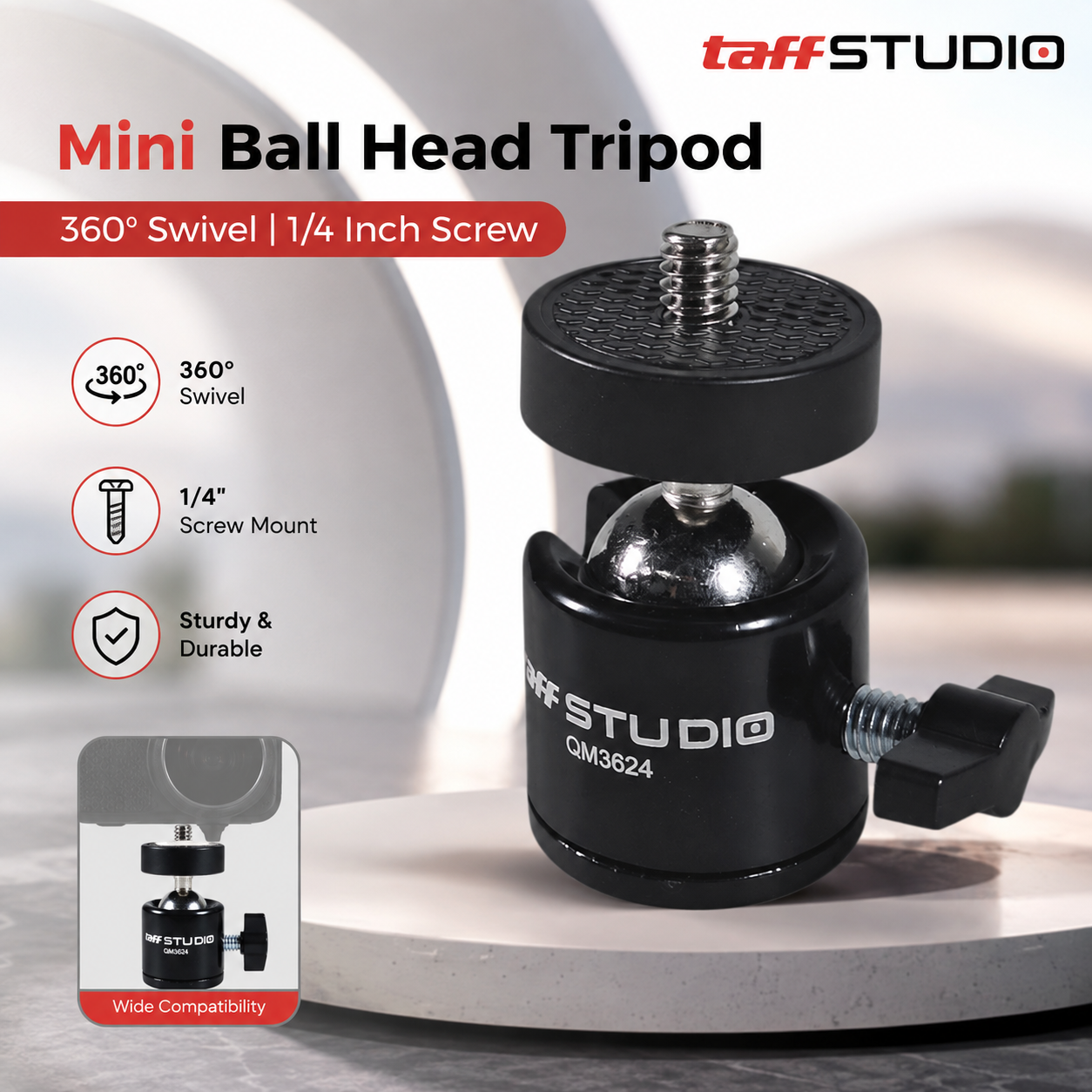 Gambar produk TaffSTUDIO Mini Ball Head Tripod Kamera DSLR 360 Swivel 1/4 Inch - QM3624 - Utama
