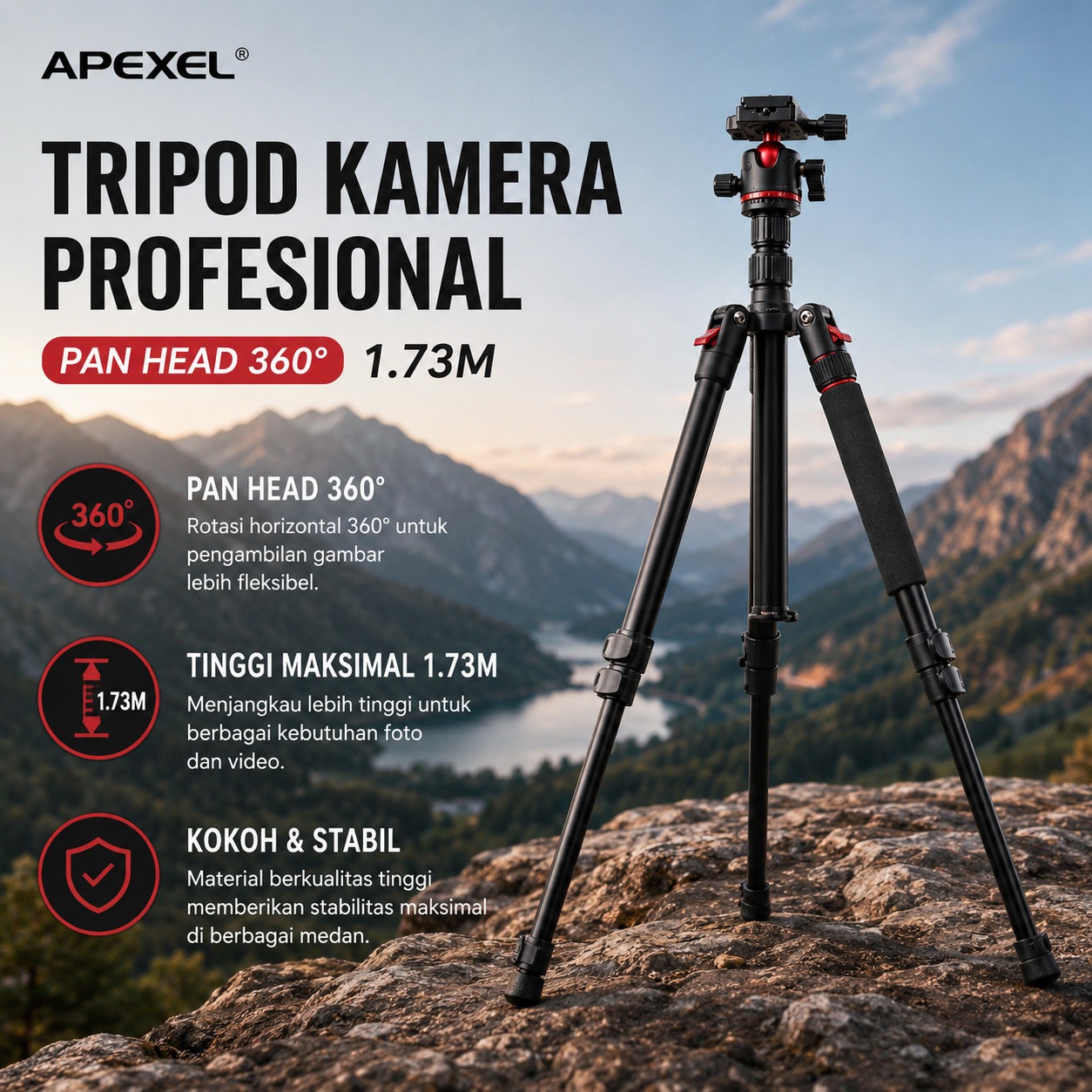 Gambar produk APEXEL Tripod Kamera Profesional Pan Head 360 Panoramic 1.73M - APL-JJ031 - Utama