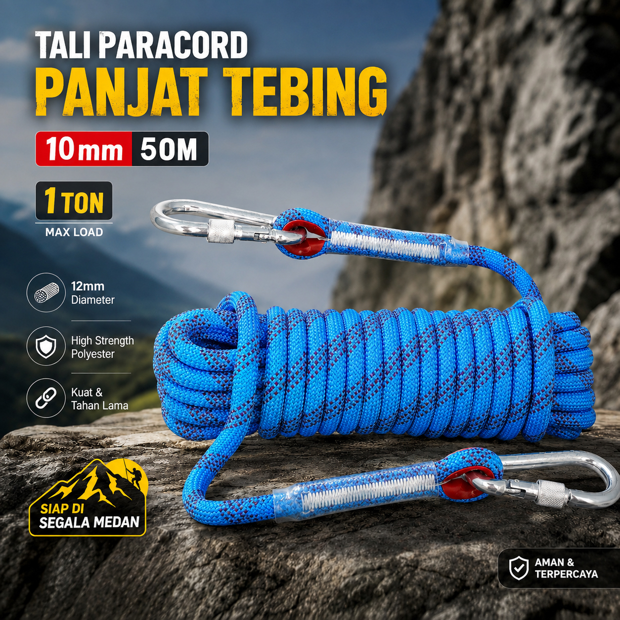 Gambar produk TaffSPORT Tali Panjat Tebing Climbing Rope Outdoor Darurat 10mm 50M - HW13 - Utama