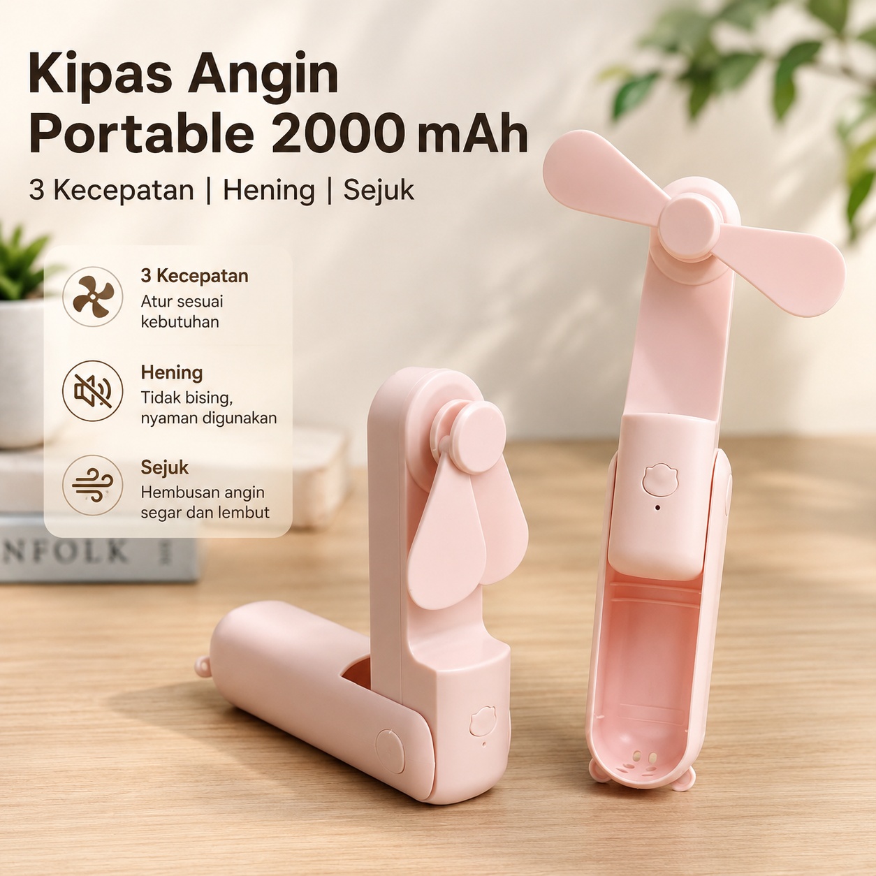 Gambar produk ZUZUO Kipas Angin Portable Genggam 3 Speed Mini Fan Folding 2000mAh - RY-2023 - Utama