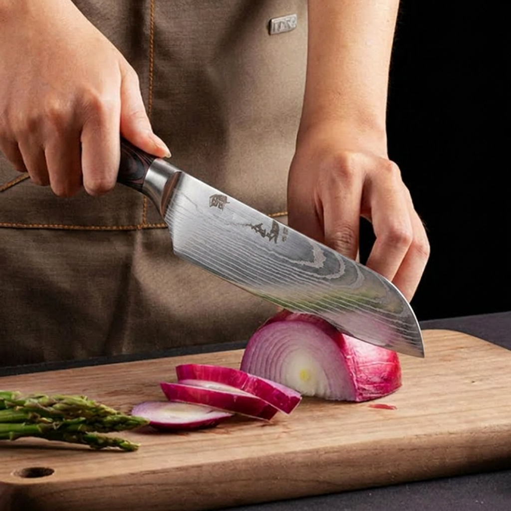Gambar produk KNIFEZER Pisau Dapur Daging Sayur Roti Damascus Pattern Stainless 7 Inch Santoku Knife - 7