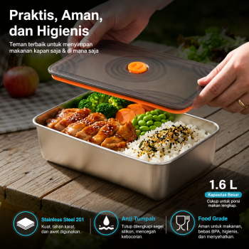 KAOHEEG Kotak Makan Lunch Box Stainless Steel 201 Single Layer 1.6L - KH16
