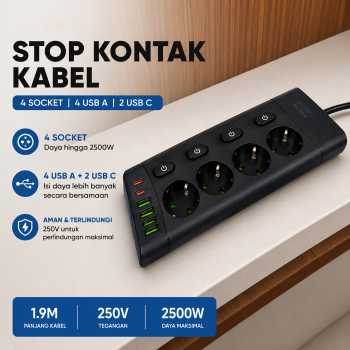 QIAOLIAN Stop Kontak Kabel 4 Socket 4 USB A 2 USB C 1.9M 250V 2500W - QL-1108U