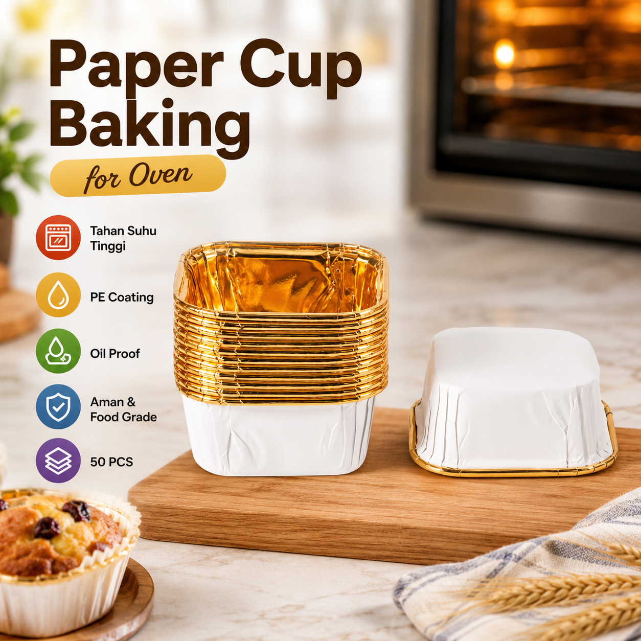 Gambar produk Hoaden Paper Cup Baking Oven Oil Proof Food Grade 8.5x8.5x3.5cm 50 PCS - OXT-15 - Utama