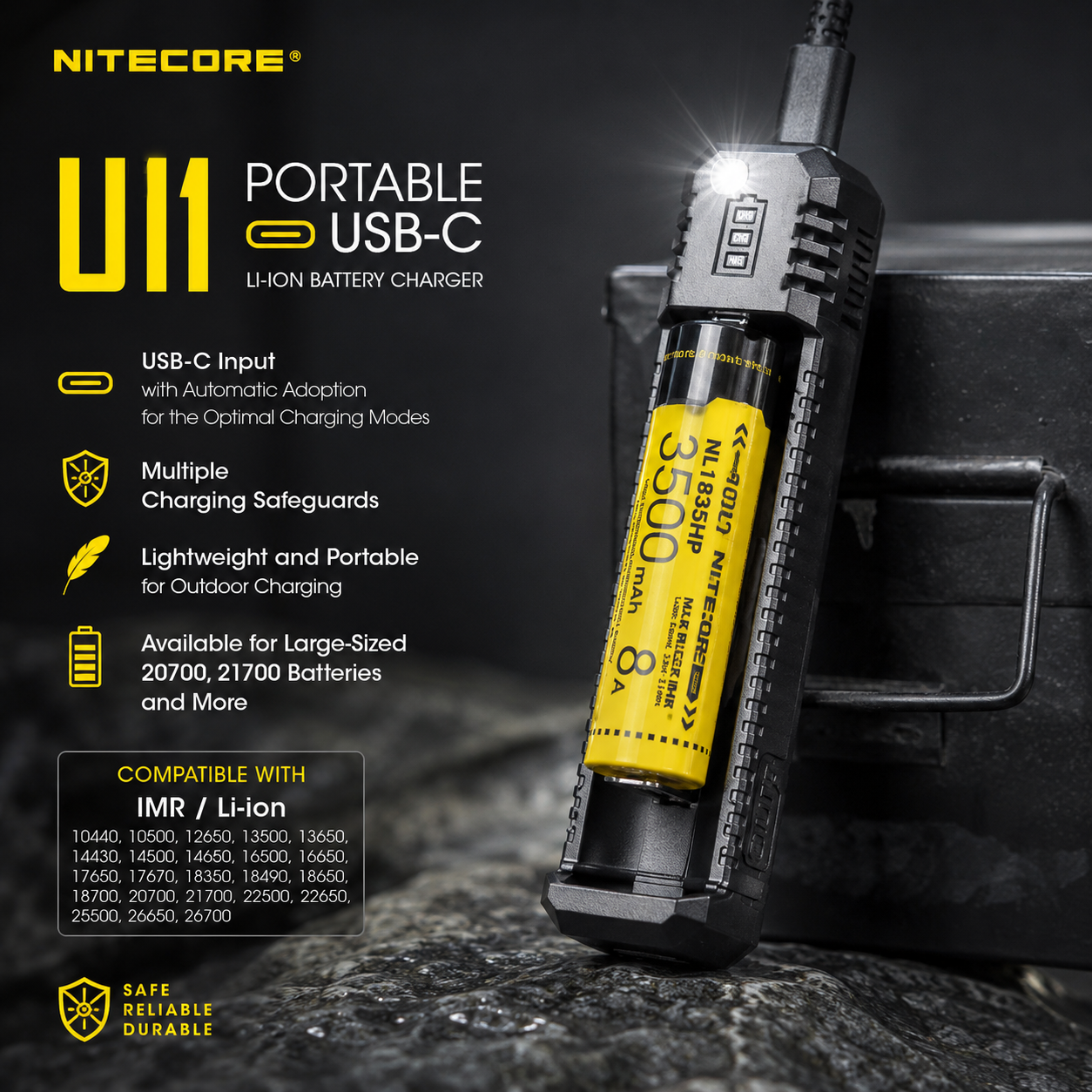 Gambar produk NITECORE Charger Baterai 1 Slot 18650 21700 Li-Ion IMR with LED Light - UI1 - Utama