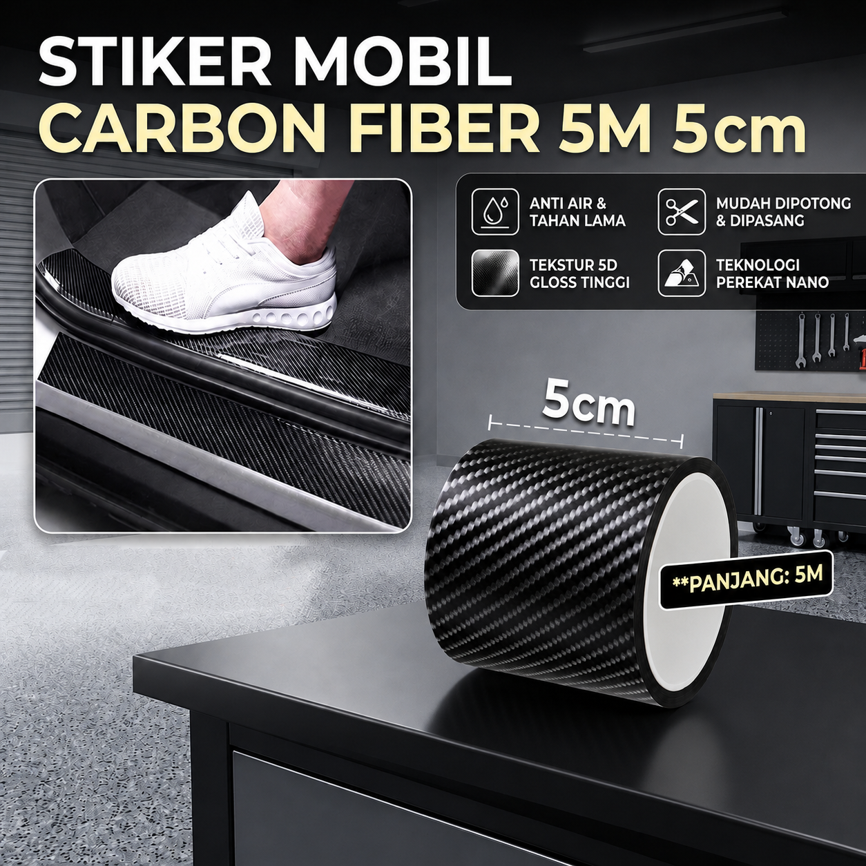 Gambar produk MSUE Stiker Pelindung Mobil Carbon Fiber Car Wrap Film Vinyl 5M 5cm - C3841 - Utama