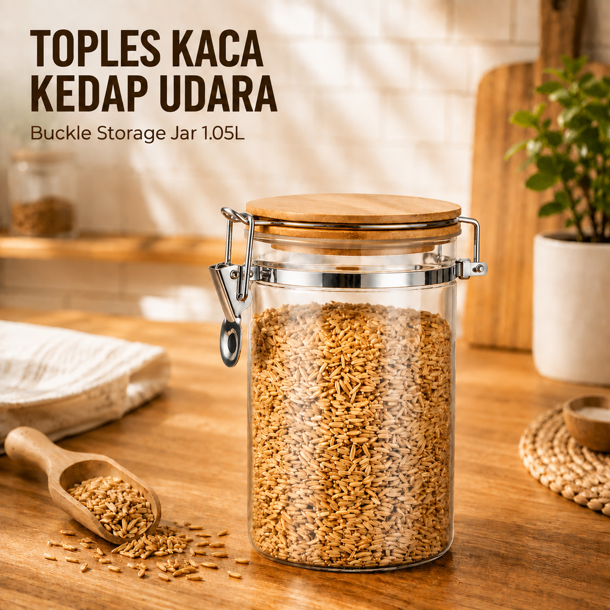 Gambar produk BARELLI Toples Kaca Penyimpanan Makanan Kedap Udara Buckle Storage Jar 1.05L - BR100 - Utama