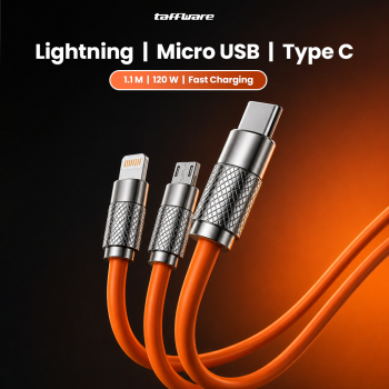 Taffware Kabel Charger 3in1 Lightning Micro USB Type C 120W 6A 1.1M - D8